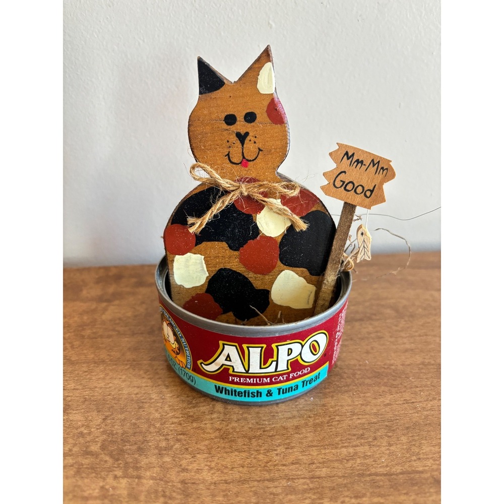 Vintage 90s Alpo Wooden Cat Food Tin Calico Cat Folk Art Figurine Country Decor